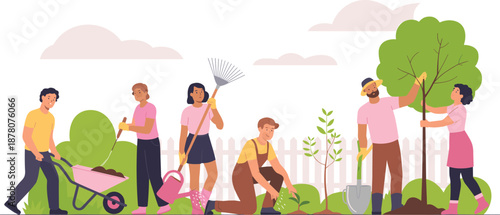People gardening together illustration showing planting trees, watering plants, teamwork in garden care, community gardening activity, and sustainable lifestyle concept