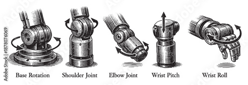 Detailed diagram illustrating robotic arm joint movements in engineering style, demonstrating base rotation, shoulder, elbow, wrist pitch and roll mechanics with arrows.