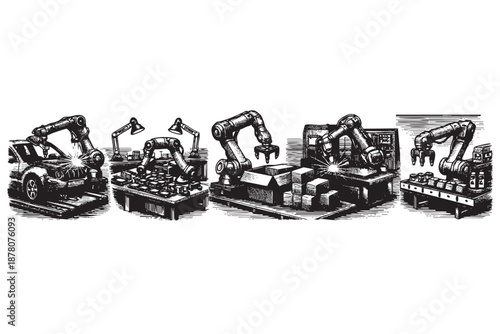 Black and white illustration showing automated robotic arms assembling and welding car parts in a factory, creating a scene of manufacturing and industry.