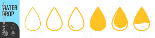 Water drop icon set in outline and solid styles, clean minimal shapes for fluid, rain, weather, and liquid UI design. Color icon set