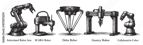 A technical illustration displays different robot types, showcasing articulated, SCARA, delta, gantry, and collaborative robots, ideal for industrial technology concepts.