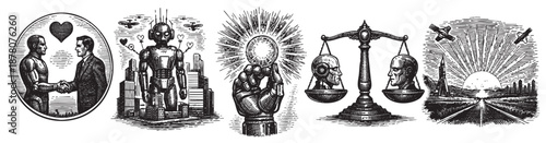 A monochrome vector engraving showcases the relationship between people, robots, artificial intelligence, justice and progress in symbolic form.