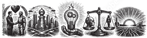 A monochrome line art illustration showing diverse concepts: human-robot handshake, futuristic city, light bulb idea, scales of justice, and technological advancement.