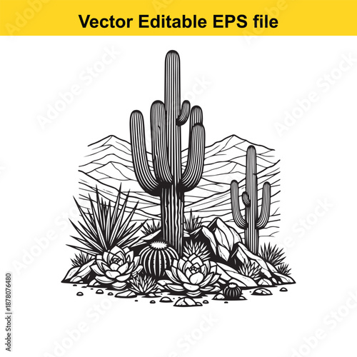 Cacti and succulents desert landscape with mountains background sketch drawing engraving