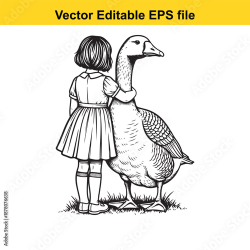 girl, goose, hug, friendship, child, animal, pet, farm, love, care, affection, bird, drawing, sketch, vintage, innocence, tenderness, loyalty, companion, monochrome