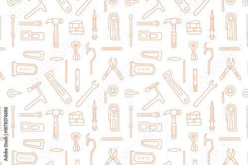 A seamless pattern of various hand tools on a white background