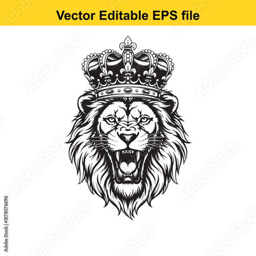 Majestic lion with crown roaring fierce with open mouth showing teeth isolated on white