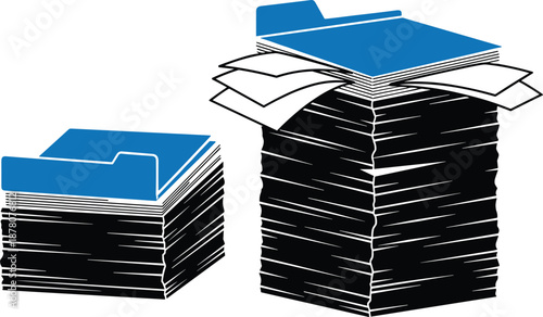 Cartoon-style illustration of two stacks of paper with blue folders showing workload comparison, isolated on white background
