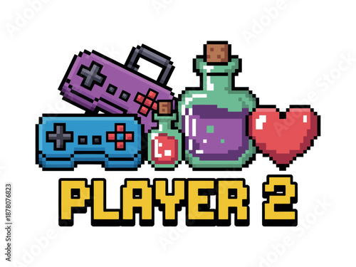 A pixel art graphic of gaming items and the text Player 2 on a white background