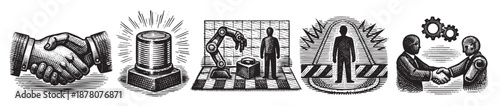 Black and white woodcut style illustrations show a handshake, glowing innovation, automation with a robotic arm, and teamwork, depicting business concepts with a vintage feel.