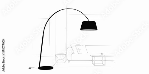 A minimalist arched floor lamp with a simple dome shade leaning over a space.