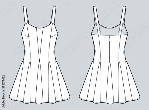 Women Strappy Mini Dress Technical Fashion Illustration. Sleeveless Godet Dress fashion flat technical drawing template, back zipper, front and back view, white, women CAD mockup.