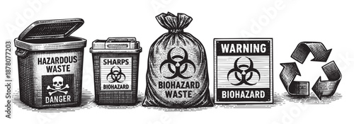 Black and white illustration showing hazardous waste containers, sharps container, a bag, a sign, and recycle symbol. Use for safety regulations or medical waste visuals.