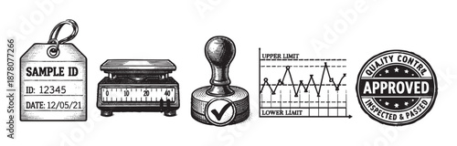 Black and white illustration depicts quality control elements, including a sample ID tag, scale, stamp, data chart, and an approved seal.