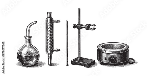 Engraving style illustration of various laboratory equipment, including a flask, condenser, stand and heating mantle, perfect for scientific or historical themes.