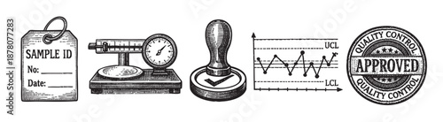 Quality control concept sketched showing sample ID tag, measurement scale, approved stamp, and control chart elements, suitable for manufacturing or business illustration.