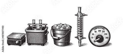 Vintage illustration featuring scientific equipment including a beaker, ice bucket, condenser, and thermometer, rendered with detailed engraving style, perfect for science or education themes.