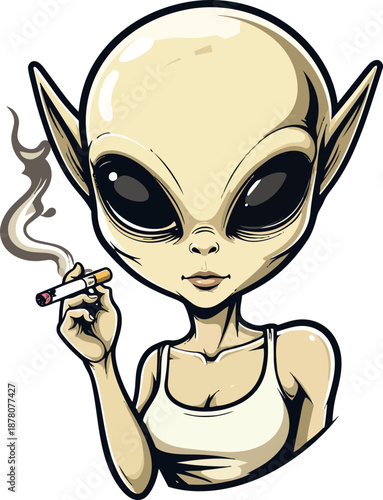 Cool Cartoon Alien Character Smoking a Cigarette - Edgy Vector Mascot Illustration
