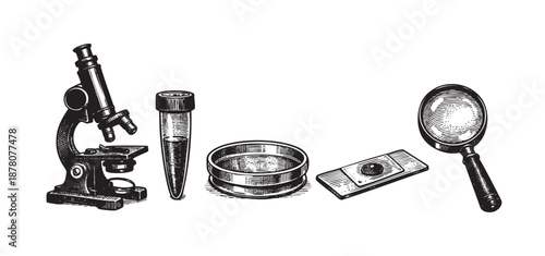 Detailed black and white illustration features a microscope, test tube, petri dish, glass slide and magnifying glass, evoking a vintage science vibe.