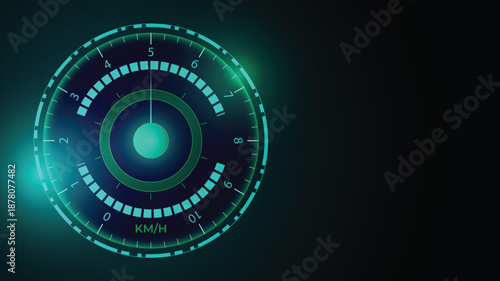 Modern futuristic background featuring a glowing circular speedometer gauge with digital dashboard style and neon accents ideal for automotive technology performance and UI design