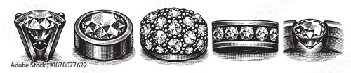 A black and white illustration showcases a set of various vintage diamond rings with detailed engraving styles.
