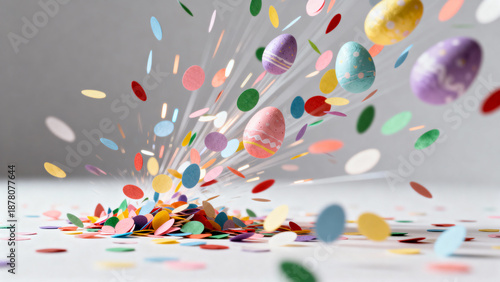 Colorful Easter eggs and confetti bursting against a grey background  