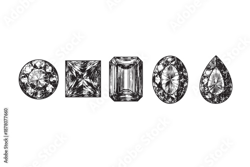 A collection of various diamond cuts, like round, square, oval, and pear, displayed in a black and white engraving style, perfect for design mockups and artistic presentations.