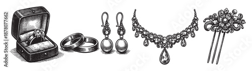 A beautifully detailed black and white engraving shows a set of jewelry that includes a ring, wedding bands, earrings, a necklace, and a hair comb.