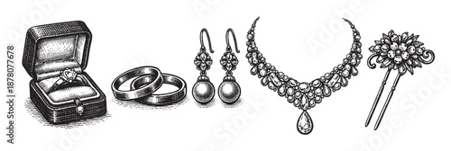 Detailed black and white engraving depicts a jewelry collection, including rings, earrings, a necklace, and a hair pin, presented against a clean white backdrop.