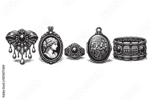 A collection of vintage jewelry, including a brooch, pendant, ring, locket, and bracelet, showcasing intricate designs in a classic style on a clean white background.
