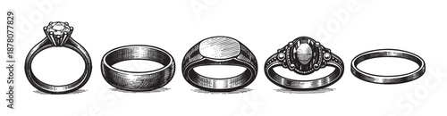 A row of different rings, including engagement, wedding, and signet, in an vintage illustration style, isolated on a clean white background for graphic designs and concepts.