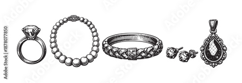 A beautifully hand-drawn jewelry collection featuring rings, bracelets, earrings, and necklace pendants in black and white, perfect for jewelry design and fashion projects.