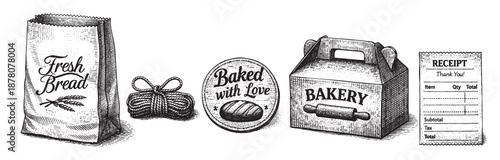 This black and white image shows bakery items: a bread bag, a rope, a sticker, a box, and a receipt. It is a vintage style perfect for illustrations and backgrounds.