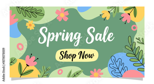Spring sale colorful banner. Abstract organic wavy shapes background. For newsletter, web header, social media post, promotional banner, advertising and identity. Vector illustration, flat style