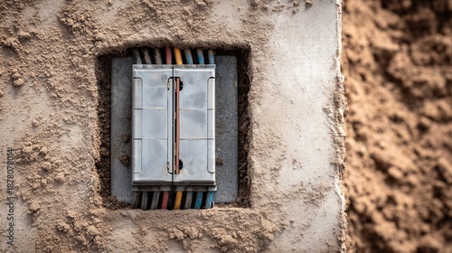 Wall-mounted electrical junction box with exposed wiring and ceramic terminal block, symbolizing connection point and power distribution.