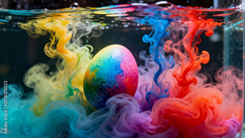 Colorful Easter egg submerged in swirling dye underwater  