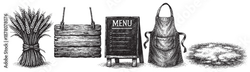 Monochrome hand-drawn illustration featuring wheat, wooden sign, menu board, apron, and dough, ideal for bakery, restaurant, or food-related designs, exuding a vintage, artisanal feel.