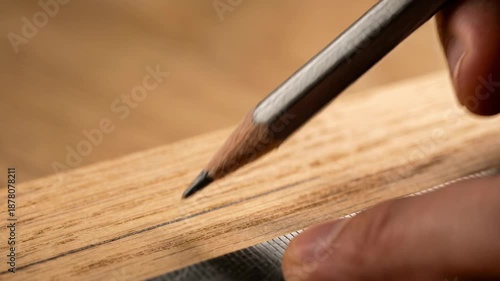 close-up of hand using pencil and ruler for precise measurement on wooden surface