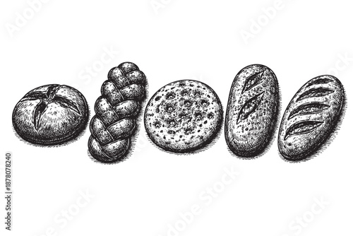 Hand-drawn black and white illustration showcases a variety of breads, including round, braided, and loaf shapes, perfect for culinary or bakery concepts.