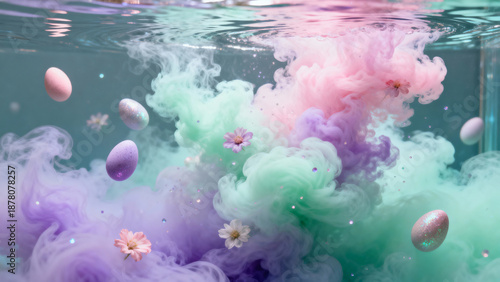 Colorful Easter eggs floating in pastel mist under water surface  