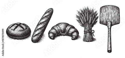 Detailed black and white illustration featuring a bread assortment, wheat, and baker's peel, ideal for bakery-related designs and food illustration projects.