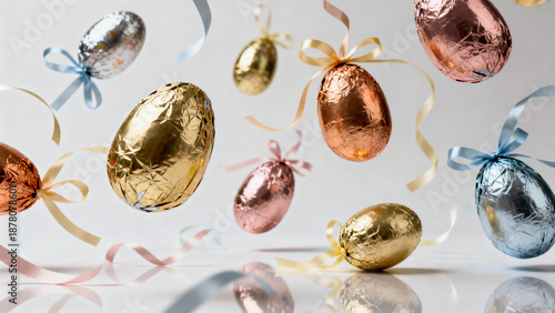 Colorful Easter eggs with ribbons floating on a light background