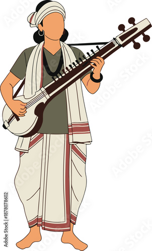South Indian male artist playing sitar or veena musical instrument traditional clothing style isolated on transparent background