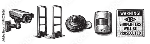 Black and white illustration showing security systems in a store, including cameras, gates, and a warning sign for shoplifters.