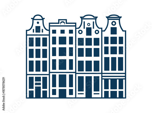 A stylized illustration of a row of buildings with a modern architectural design