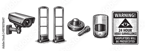 Vector illustration displays security devices like camera, alarm, and surveillance sign to protect from shoplifting in a store.
