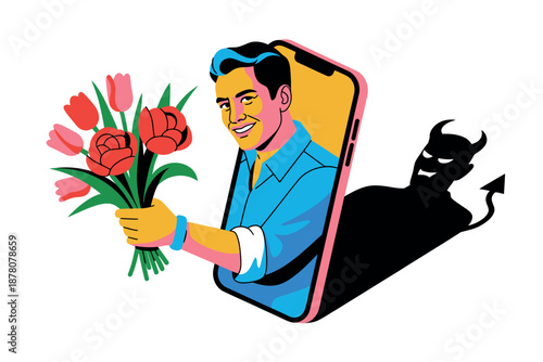A cartoon man holding a bouquet of flowers emerges from a smartphone with a devil's silhouette in the background.