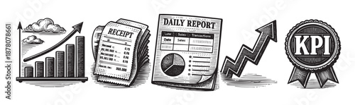A graphic representation of increasing financial reports showing KPI growth with bar graphs, receipts, daily reports, and arrows in a black and white hand-drawn style.