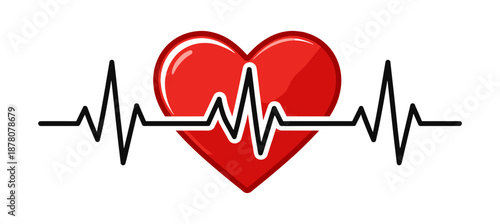 Red heart with heartbeat pulse line, medical cardiogram love health icon on transparent background