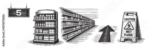 Illustration featuring various supermarket elements in a black and white sketch style, including a number sign, aisle, arrow, and wet floor sign.